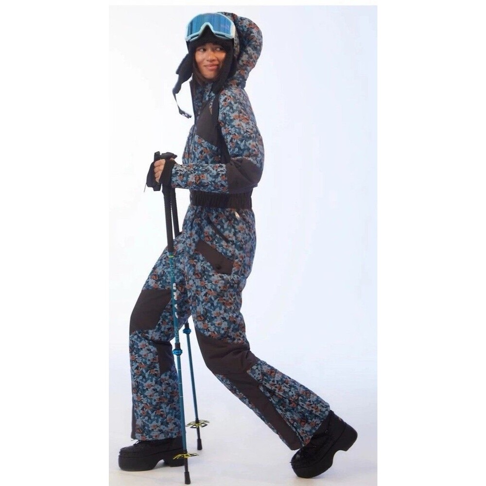 Free People Movement All Prepped Ski Suit Snowsuit Blue Floral Print Sz L Large